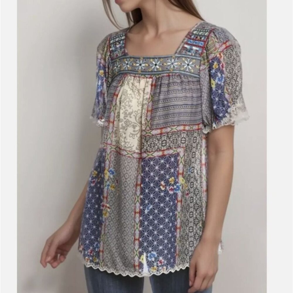 Johnny Was Kichica Padme Blouse Blue Embroidered Boho Tunic Top Plus 2X